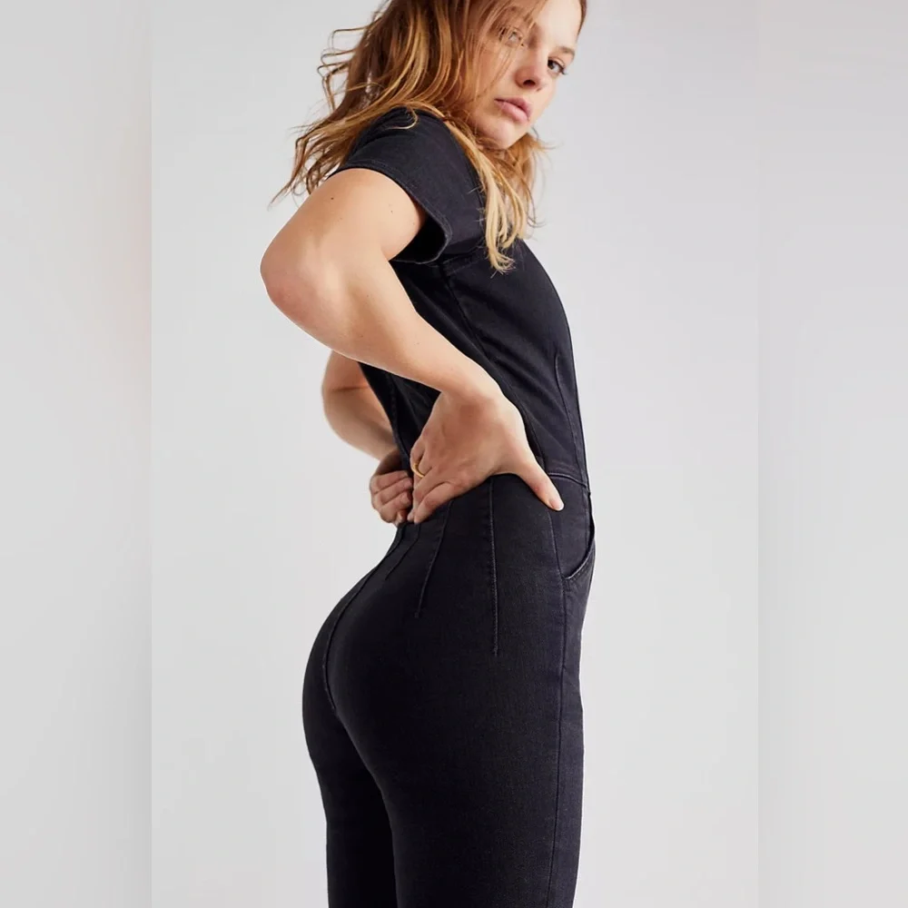 We The Free Black Short-Sleeve Denim Jumpsuit - Picture 3 of 7